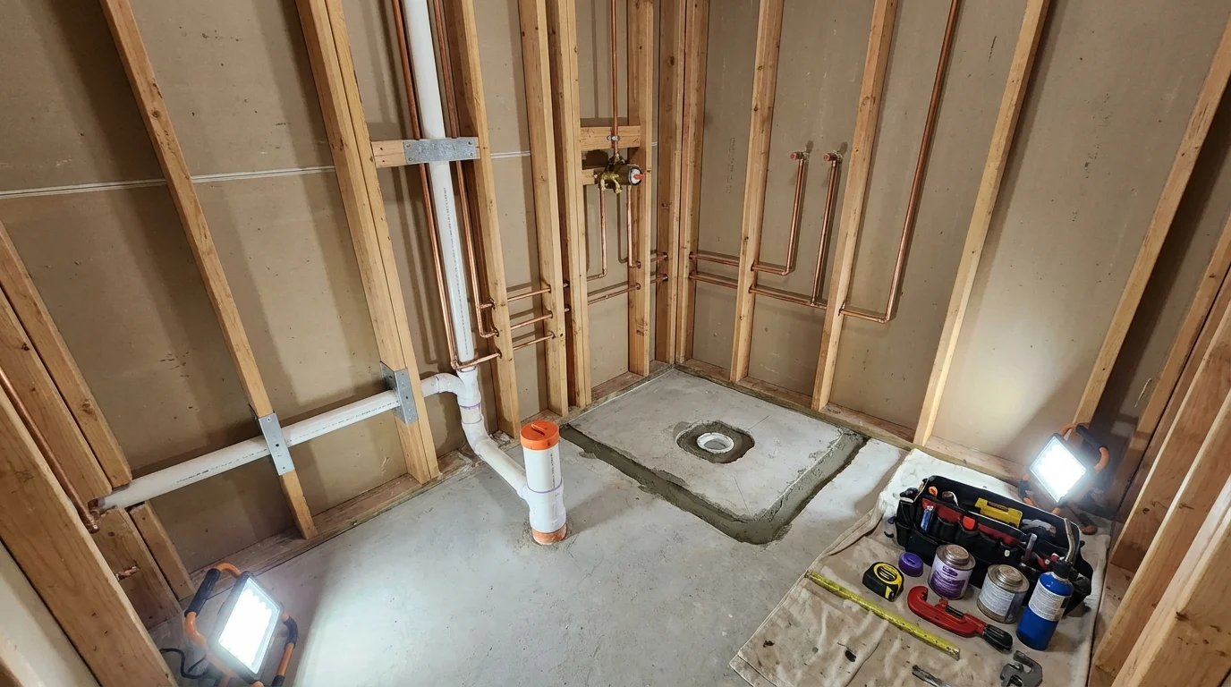 Bathroom rough-in plumbing during remodel by Johns Plumbing LLC in Red Cloud